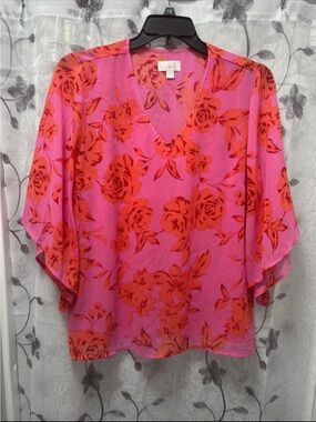 Belle by Kim Gravel Pink Blouse with Red Floral Print